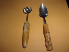 Vintage Grapefruit Spoon & Mellon Baller Bamboo Handle Serrated Stainless  