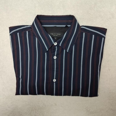 Rag & Bone Shirt Mens L Blue Striped Button Up Long Sleeve Cotton Polyamide