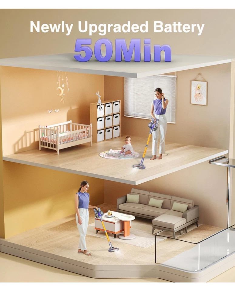 Cordless Vacuum Cleaner, 450W 40Kpa Powerful Stick Vacuum, Up to 50Mins Cyclone - Image 3 of 4