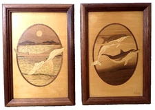 Whale & Dolphins 2 Hudson River Wood Inlay Picture Nelson Marquetry Artwork 10x7
