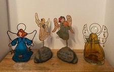 Set of 4 Stained Glass Angels. 2 with Inspirational Words, 2 Hold Candles