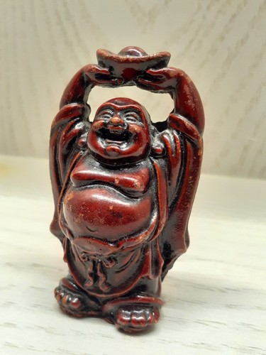 Asian Happy Buddha Figurine Heavy Red Polystone 3"
