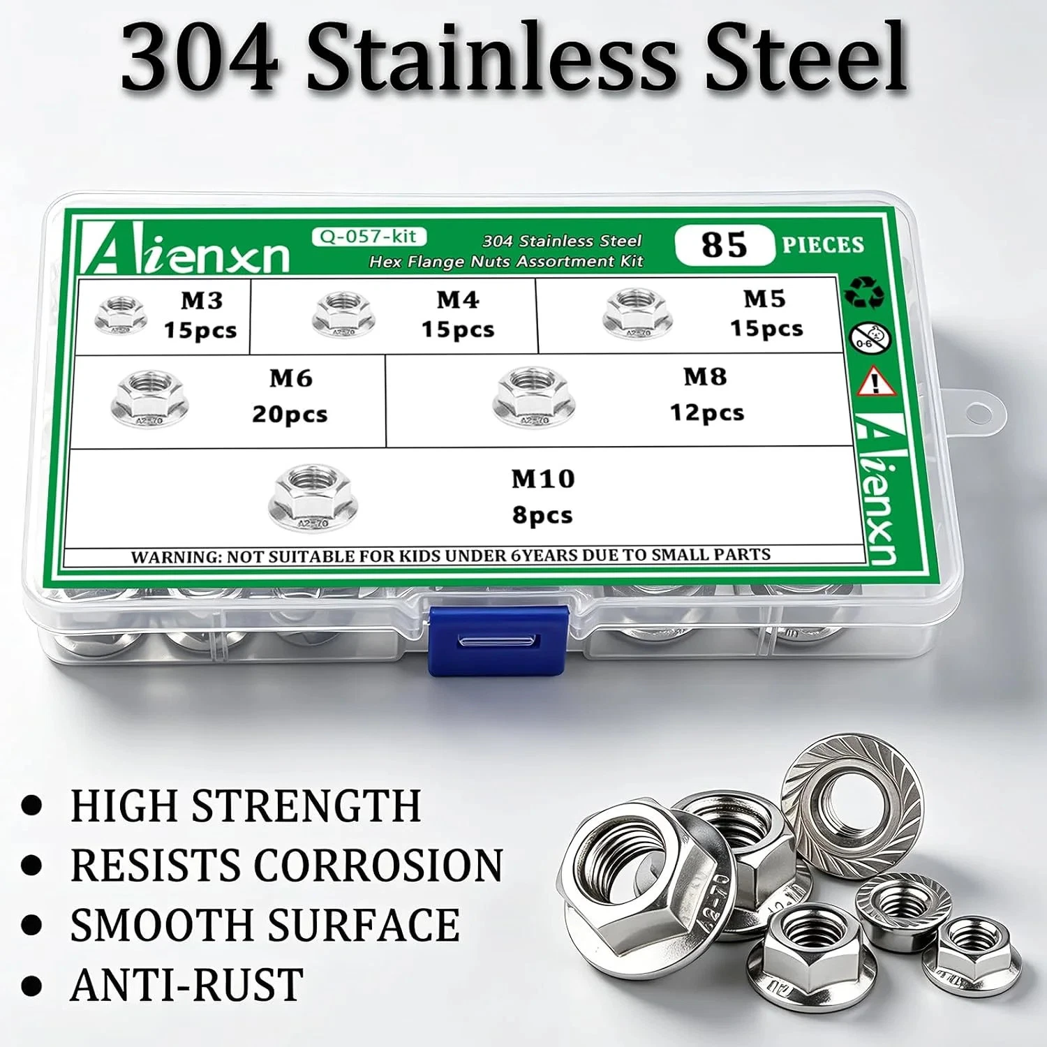 85PCS 6 Metric Sizes 304 Stainless Steel Hex Flange Nuts Assortment Kit-M3 M4 M5 - product detail image 3