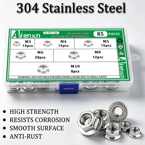 85PCS 6 Metric Sizes 304 Stainless Steel Hex Flange Nuts Assortment Kit-M3 M4 M5 image 3