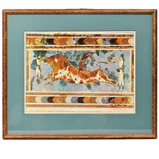 Antique Original Vintage Ancient Fresco Bullfight Figurative Illustration Print