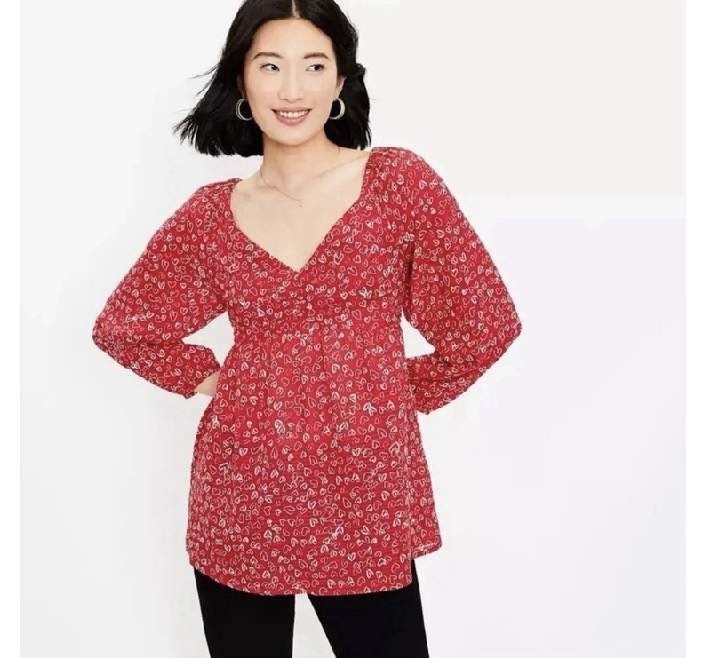 NWT Loft Heart Cinched Sweetheart Neck Red Blouse Blouson Sleeves Size 12 Cotton