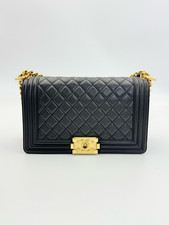 Chanel Boy Flap Bag Black Caviar Quilted Leather Gold-Tone Chain Shoulder Bag