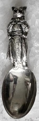 Antique Vintage Wallace Dressed Cat Kitten Sterling Silver 925 Baby Spoon Rattle