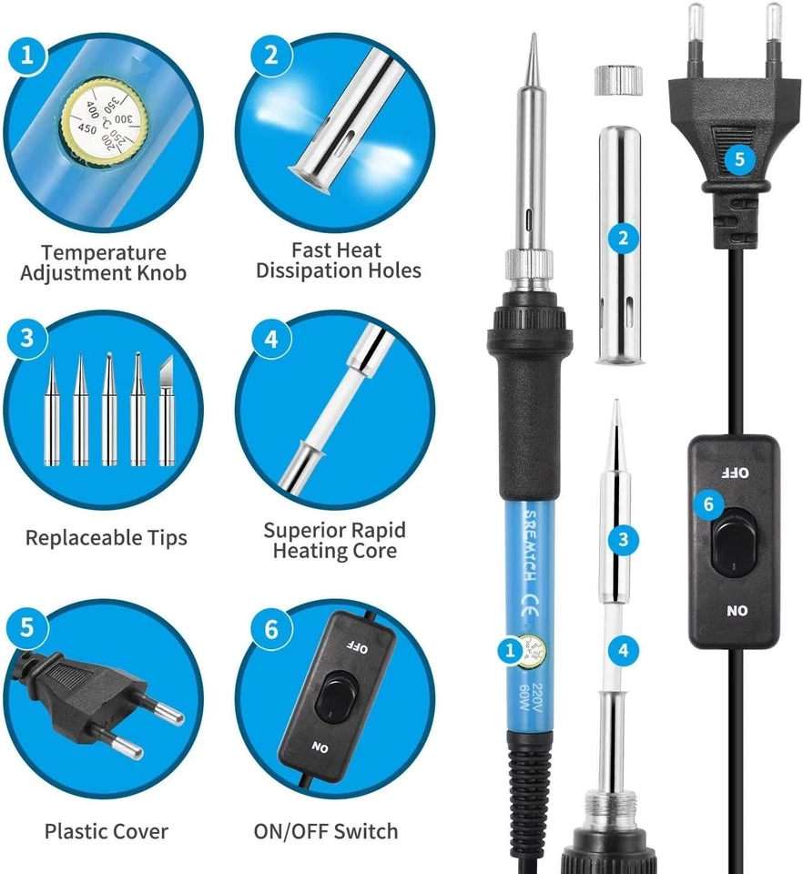 Kit Fer à Souder Electronique Température Réglable 200-450°C Interrupteur ON/OFF - Photo 2/4
