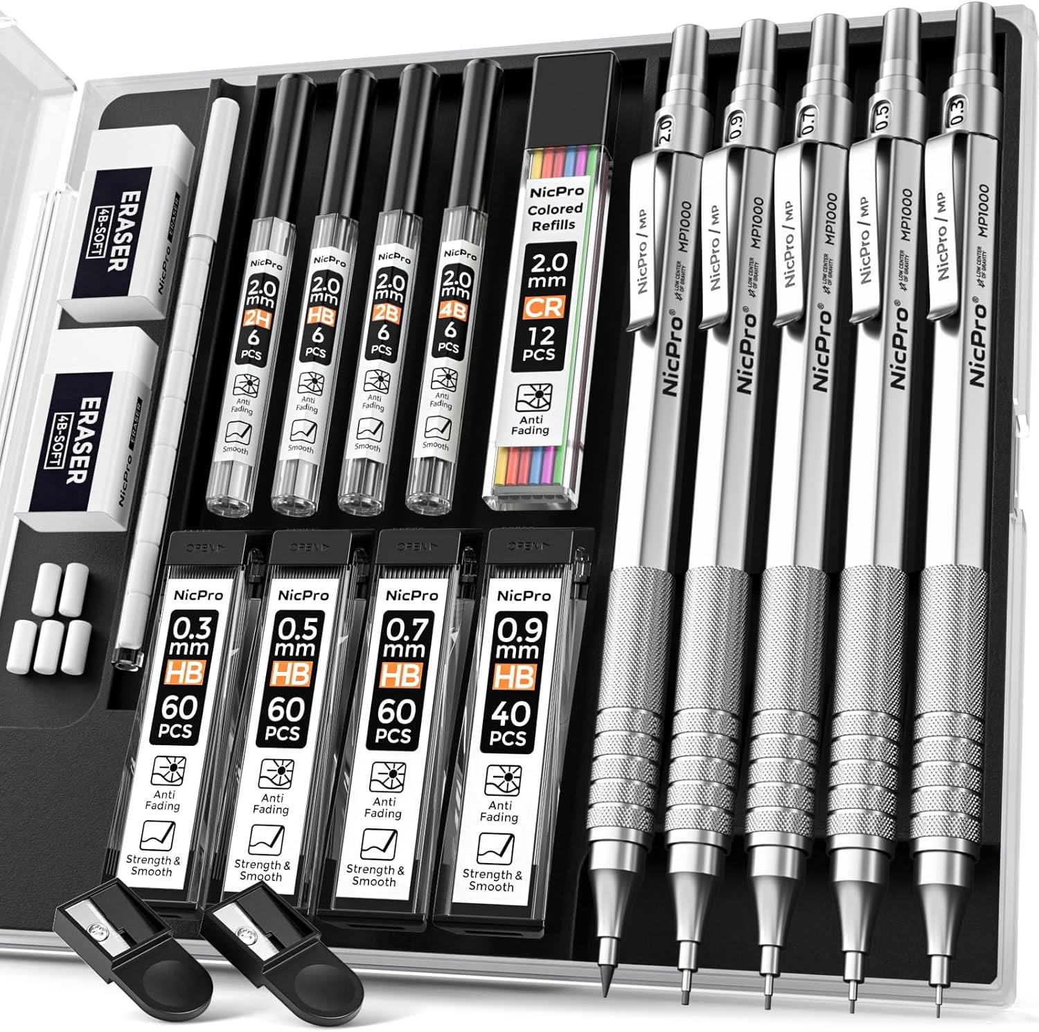 Nicpro Metal Mechanical Pencil Set, 5 PCS Art Drafting Pencils 0.3, 0.5, 0.7, 0