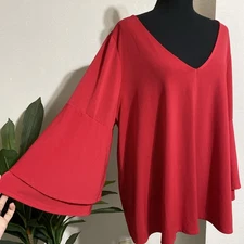 Lane Bryant Red Holiday Top Women 18/20 Festive Bell Sleeve Vneck Stretch Blouse
