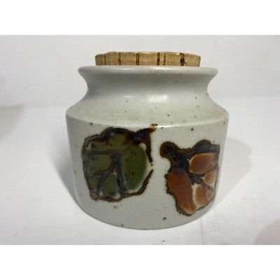 Art Pottery White Squat Stoneware Jar with Cork Green Rust Orange Brown Leaf