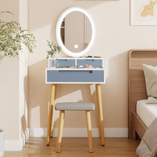 Solid Wood Vanity Set with 3-Mode Lighted Mirror, 3 Drawers & Stool