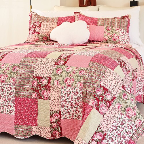 Cmfshape Summer Floral Queen Quilted Bedspread,Romantic Pink Quilt Set Full,R...