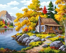 Rustic Cabin by the Lake Needlepoint Canvas - Fall Foliage & Mountains #SD659