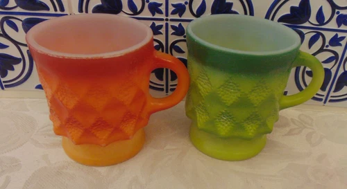 Vtg Fire-King Anchor Hocking Diamond Pedestal Mug Green Yellow Retro Mid Century