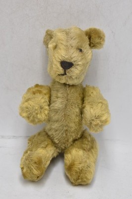 Vintage 40er Jahre goldener Mohair Stab Gelenkstock Teddybär Glasaugen 18 cm
