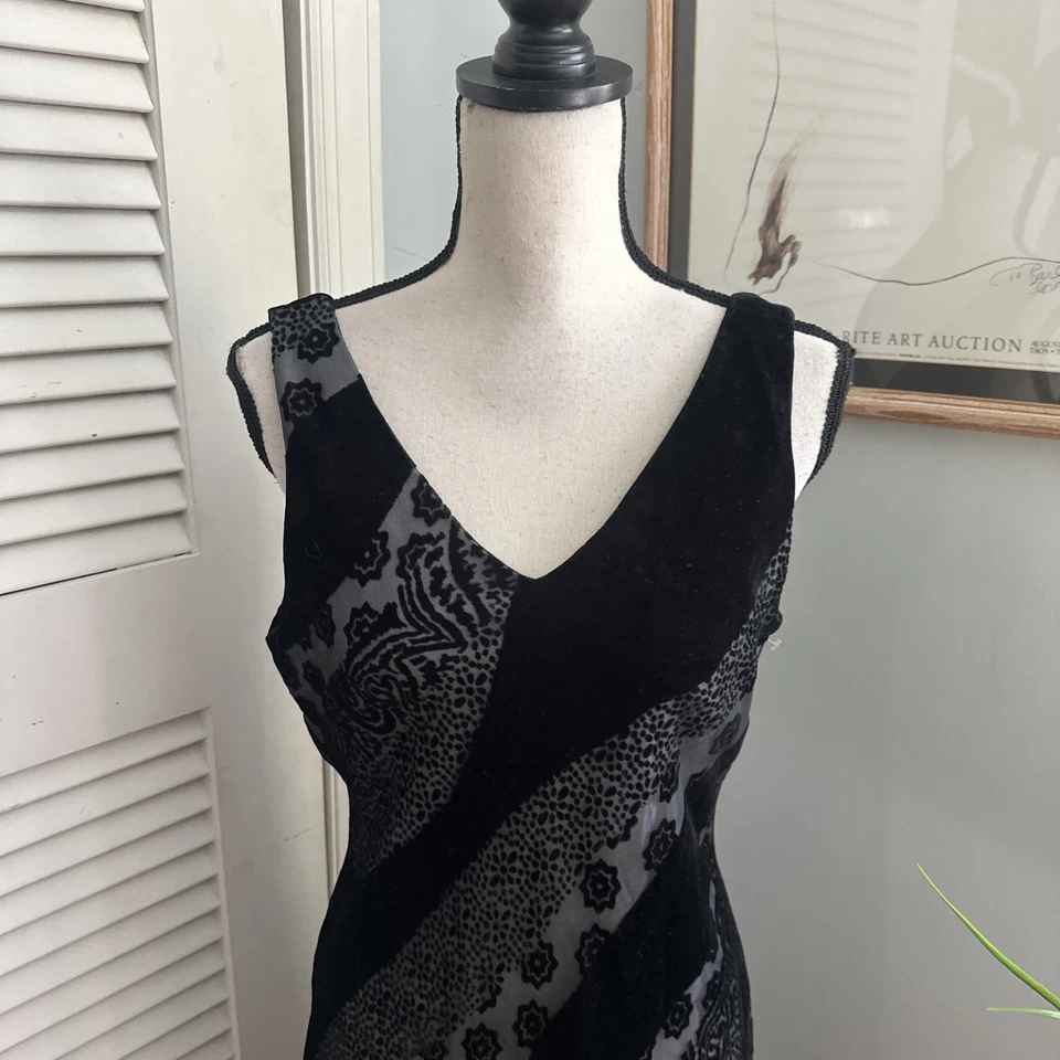Vintage DONNA RICCO Dress 12 Black Velvet Burnout Midi Fairy Whimsigoth Y2K - Image 2 of 4