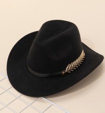 Black Western Cowboy Cowgirl Hat Felt Wide Brim Fedora with Gold Leaf Accent