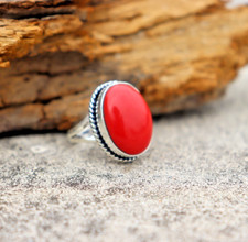 Minimal Handcrafted Coral Gemstone Ring Red Stone Jewelry Love Gifts 925 Silver