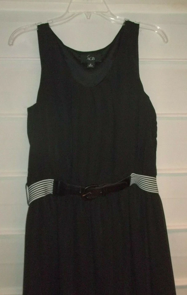 AGB Black Polyester Sleeveless Dress Pleated Top Black White Stripe Belt MED EC! - Image 2 of 4