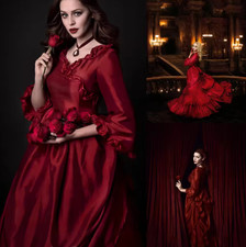 Victorian Bustle Wedding Dresses V-Neck Dark Red Vintage Satin Bridal Ball Gowns