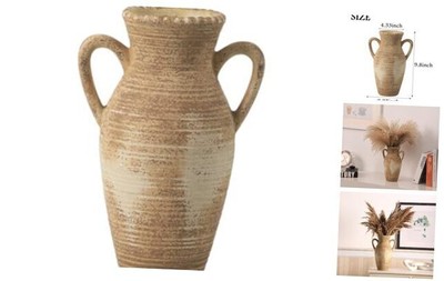 Rustic Ceramic Vase, Farmhouse Flower Vase with 2 Handles, Rust Yellow-handle