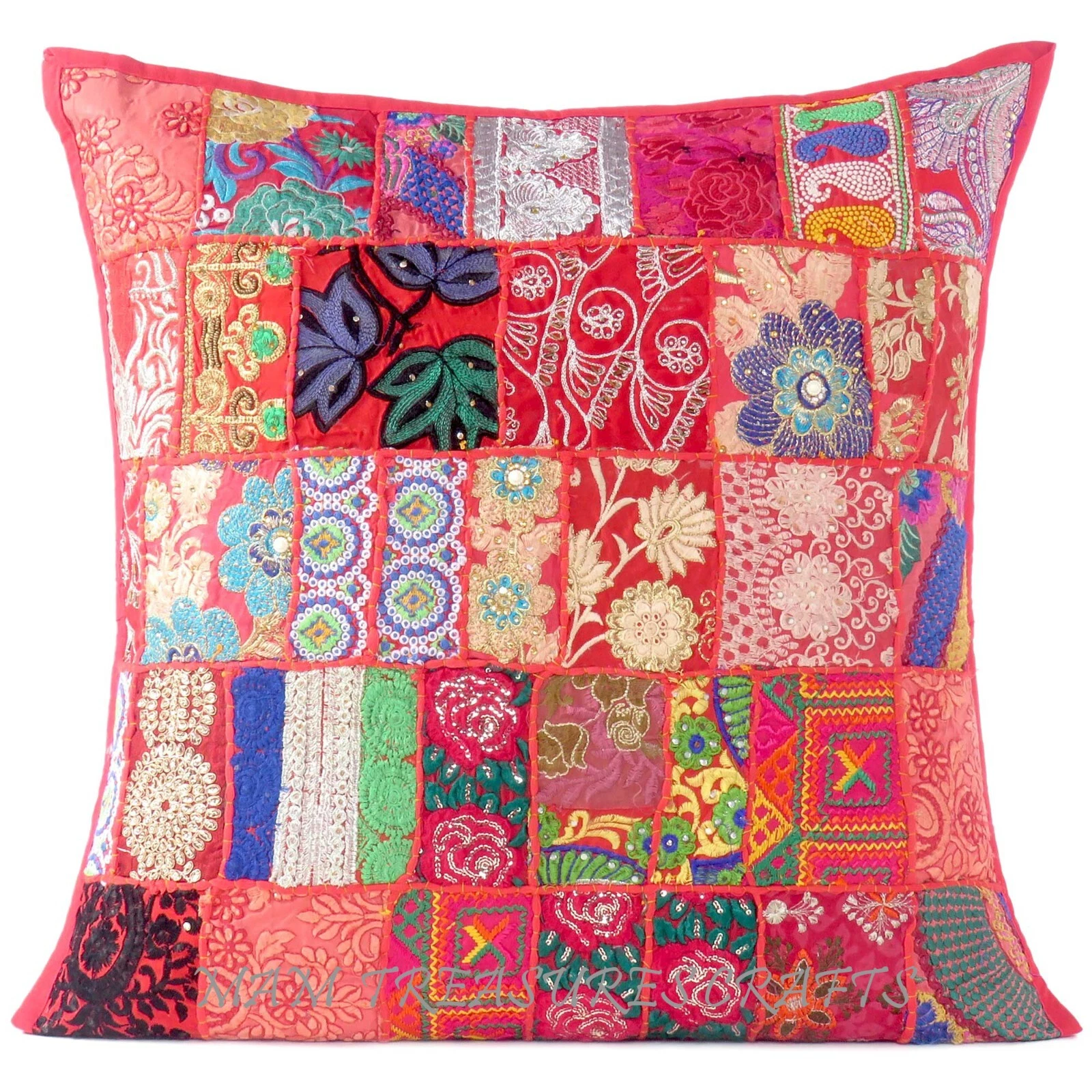 Red Decorative Patchwork Boho Throw Pillow Colorful Bohemian Cushion Cover