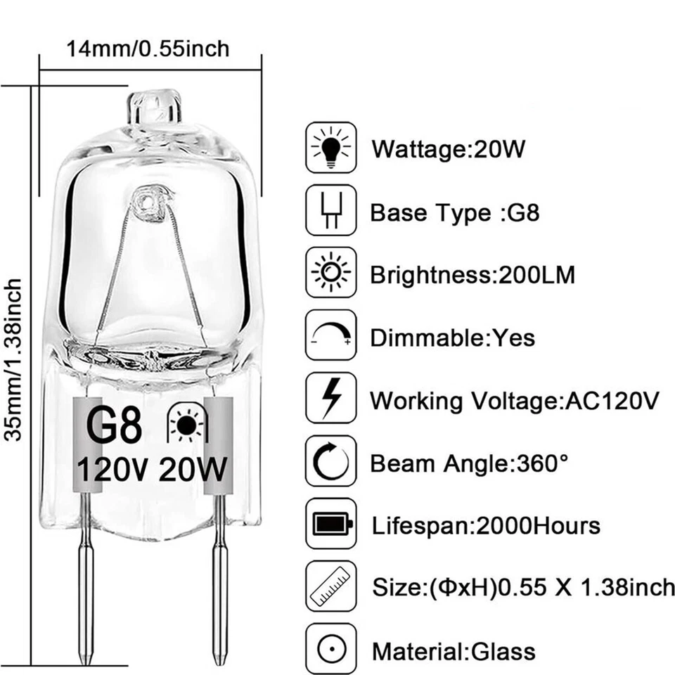 12 Pack G8 Base JCD Type Light Bulb 20W/35W/50W Bulbs 120V 2700K Warm White - Image 2 of 4