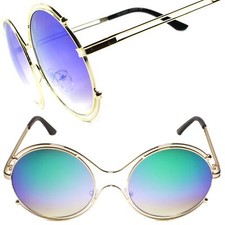 Upscale Gold Frame Green Mirror Lens Womens Designer Oversized Round Sunglasses