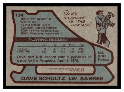 1979 Topps Hockey #134 Dave Schultz OOK26 | eBay