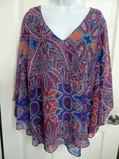 NEW!! BOUTIQUE Sz 2X Flutter Sleeve Layered Split Back Paisley Blouse Flowing