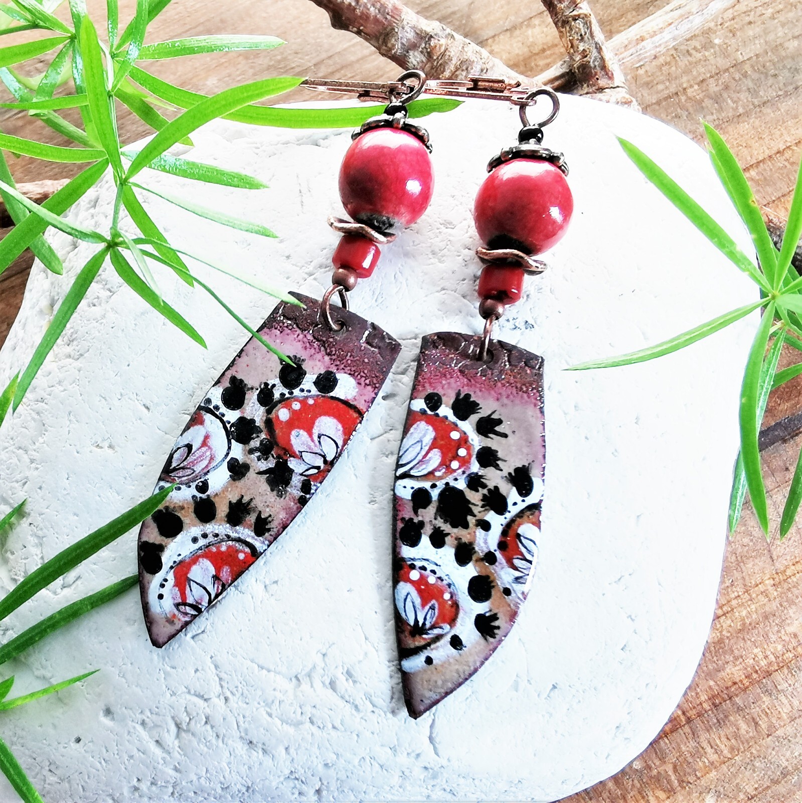 Boucles d'oreilles ethniques femme, charms d'artisan en cuivre émaillé 4cm