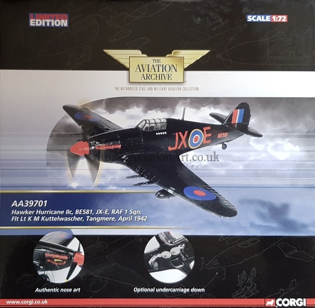 Corgi Aviation AA39701 Hawker HurricaneBE581, JX – E, RAF 1 Sqn.Tangmere