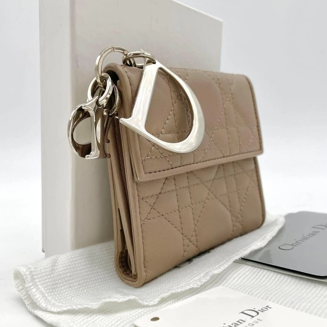 CHRISTIAN DIOR LADY DIOR Portefeuille Lotus Triple Canage Émaillé Trotteur Cuir