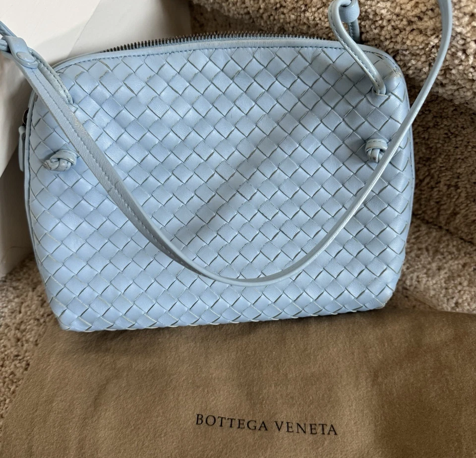 Auténtico Bolso Bandolera BOTTEGA VENETA Azul Claro Cuero Intrecciato Nodini