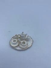 Miniature Tea Set Ceramic Vintage White With Gold Trim Sauces Cups 10 pieces