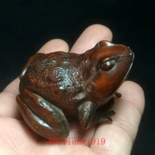 2 Inch Japanese Boxwood carved Frog figure statue Netsuke table deco collectable