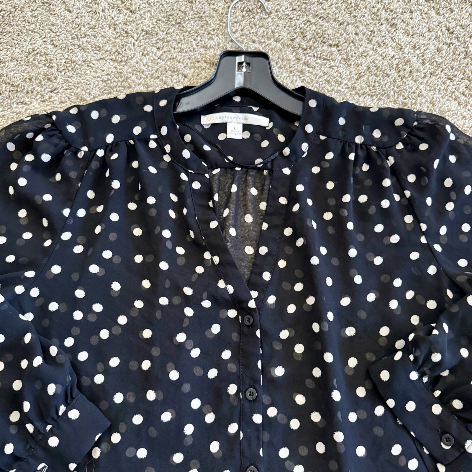 LC Lauren Conrad Women’s Size L  Blouse Top Sheer Black Polka Dots Career