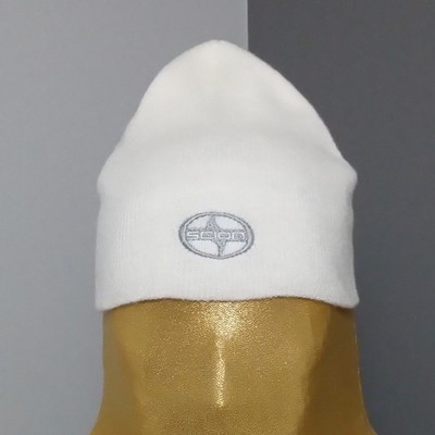 Vintage Toyota SCION Off-White Embroidered Silver Acrylic Beanie Hat Skull Cap