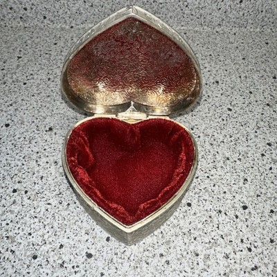 Heart Shaped Hinged Silver Metal Floral Trinket Box with Red Velvet Lining
