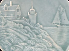 vintage Edgecomb Potters ME Bass Harbor Lighthouse ceramic trivet celadon  8” d