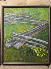 Vintage "Meadow Landscape With Fence Scene" Oil Painting - Signed And Framed