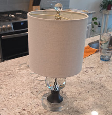 Beige Fabric Drum Shade Table Lamp, Clear Faceted Glass Base, Corded