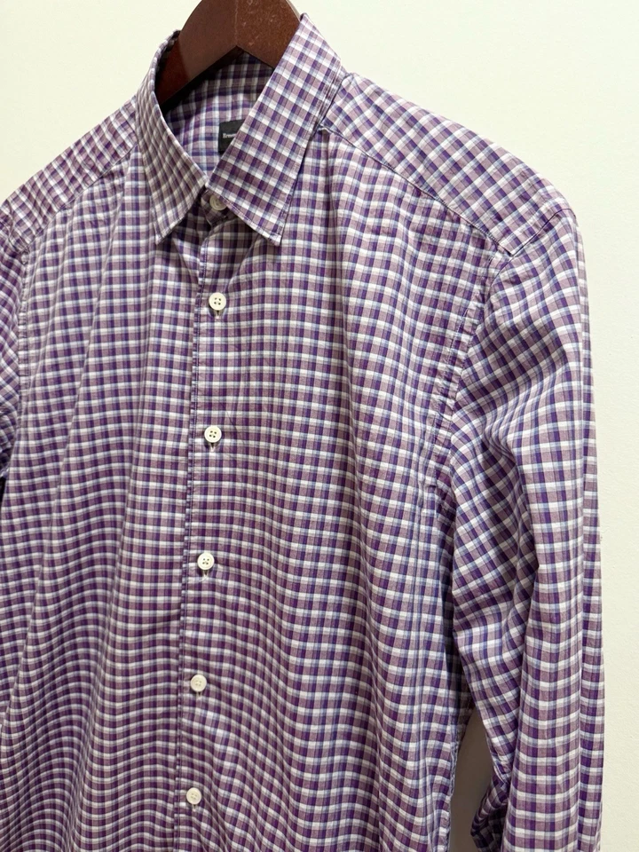 CAMISA ERMENEGILDO ZEGNA PÚRPURA A CUADROS A RAYAS 100% ALGODÓN TALLA MEDIANA Foto 4 de 4