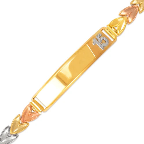 14K Tri Color Gold facettiert D/C 15 Anos ID Armband 7mm breit 9mm Mitte 7" Kette - Bild 4 von 4
