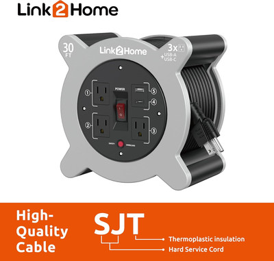 Cord Reel 30 Ft. Extension 3 Power Outlets 2 USB Ports A/C 2.4A Fast Charge 16