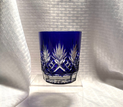 AJKA CAROLYNE TUMBLER CASED COBALT BLUE CUT TO CLEAR CRYSTAL BOHEMIAN HUNGARY