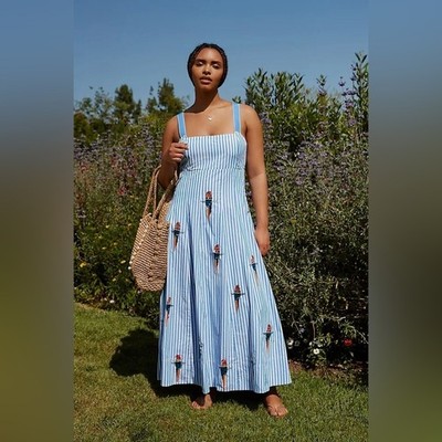 Anthropologie Maeve Tie Back A Line Maxi Dress Striped Blue Beaded Birds 22W