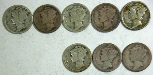 1925-P, 1925-S MERCURY DIME - TEN CENTS - LOT OF 8 - SILVER